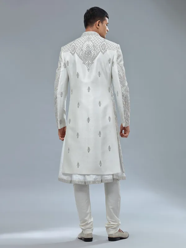 Peshwai style white shrwani with dupatta