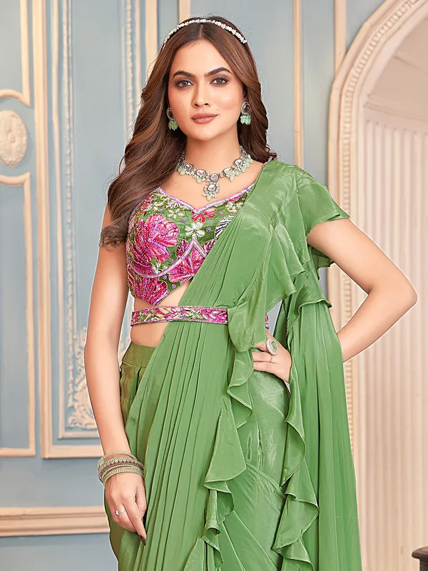 Pestal green designer satin silk party wear saree
