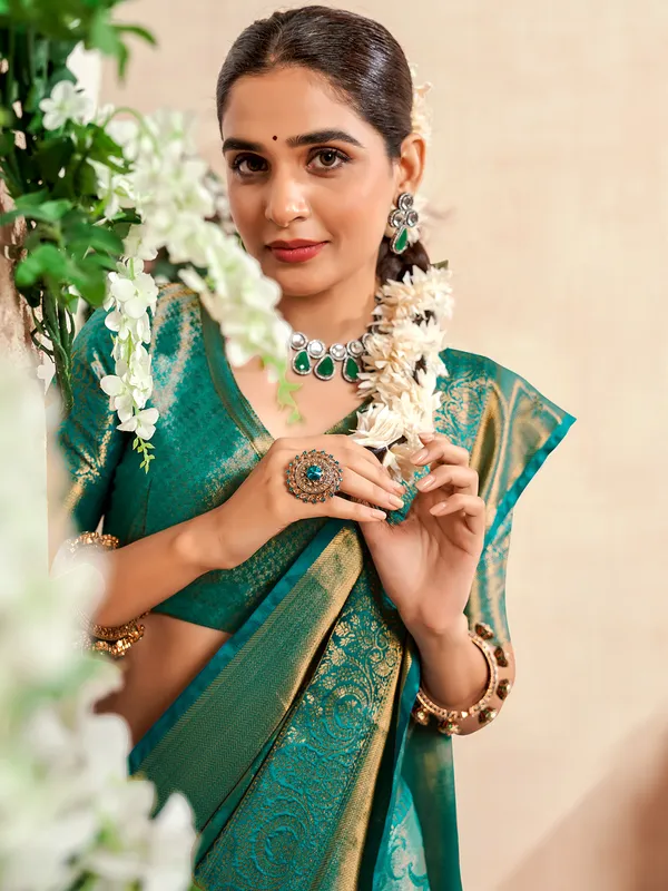 Pine green banarasi silk saree for wedding