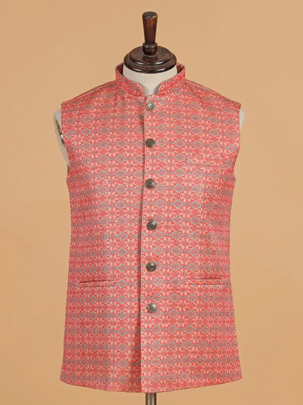 Pink and beige printed cotton silk waistcoat