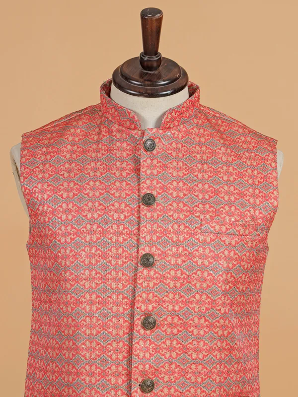Pink and beige printed cotton silk waistcoat