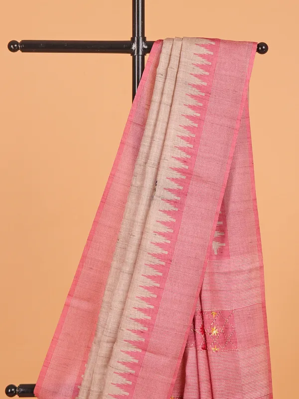 Pink and beige semi tusser silk saree