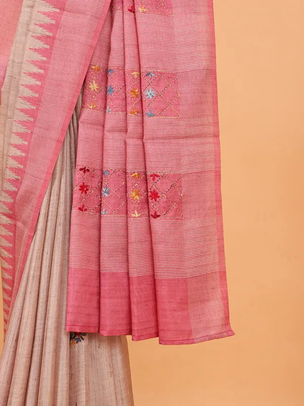 Pink and beige semi tusser silk saree