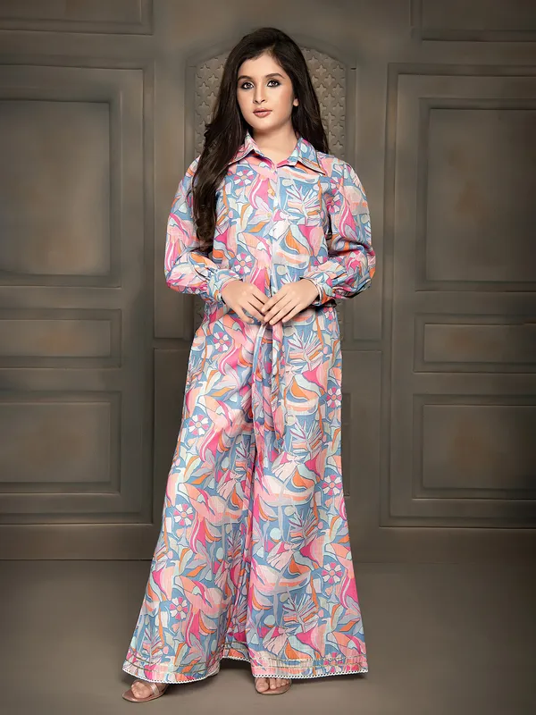 Pink and blue printed cotton co ord set