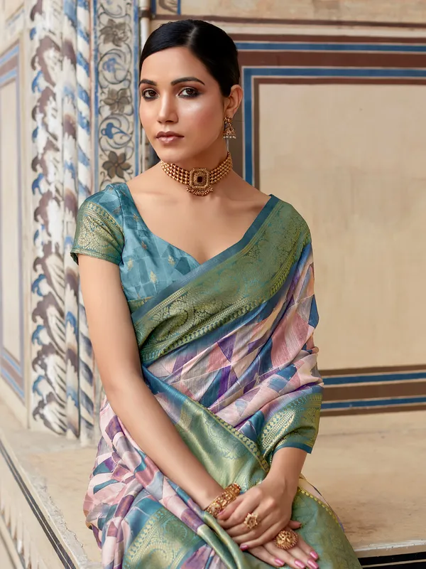 Pink and blue printed saree