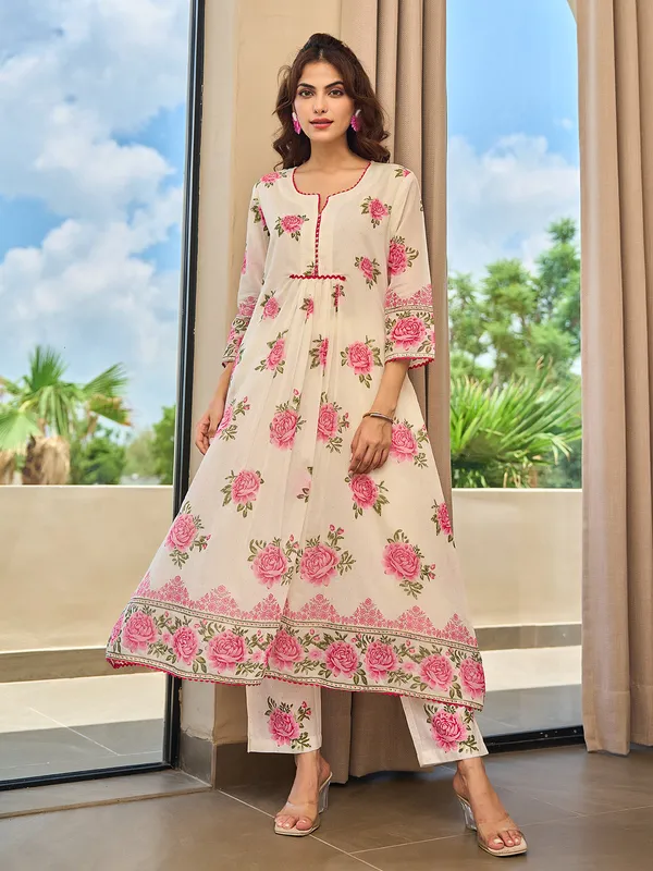 Pink and cream cotton silk printed kurti set