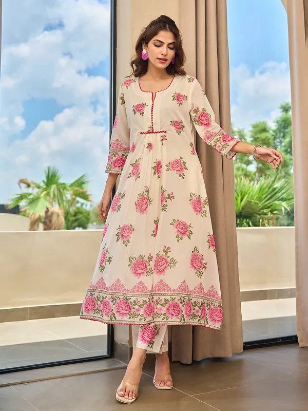 Pink and cream cotton silk printed kurti set