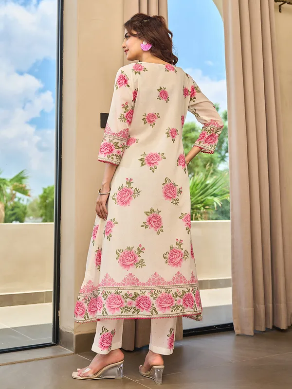 Pink and cream cotton silk printed kurti set