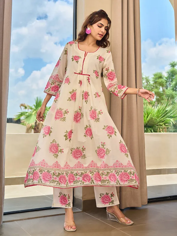 Pink and cream cotton silk printed kurti set
