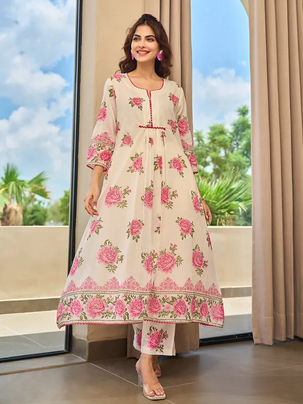 Pink and cream cotton silk printed kurti set