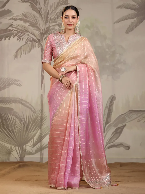Pink and cream organza saree