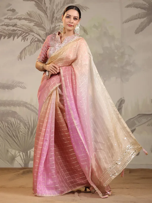 Pink and cream organza saree