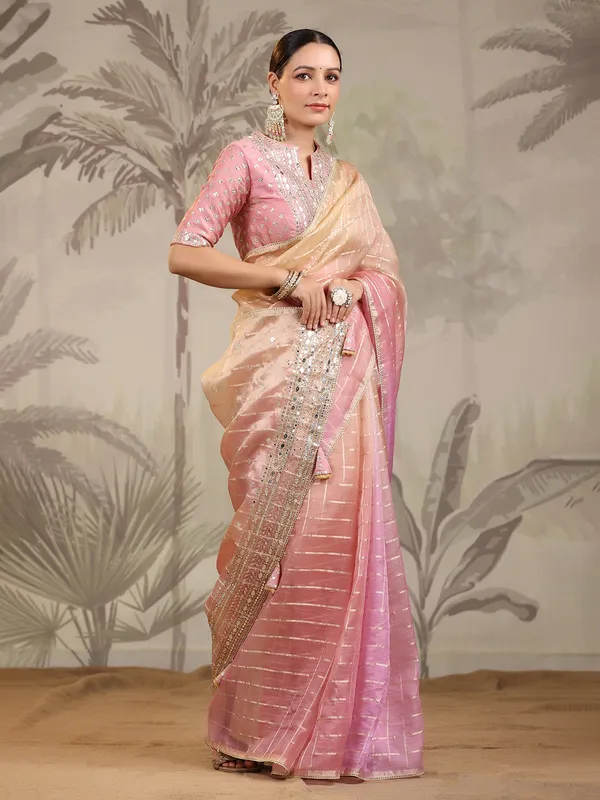 Pink and cream organza saree