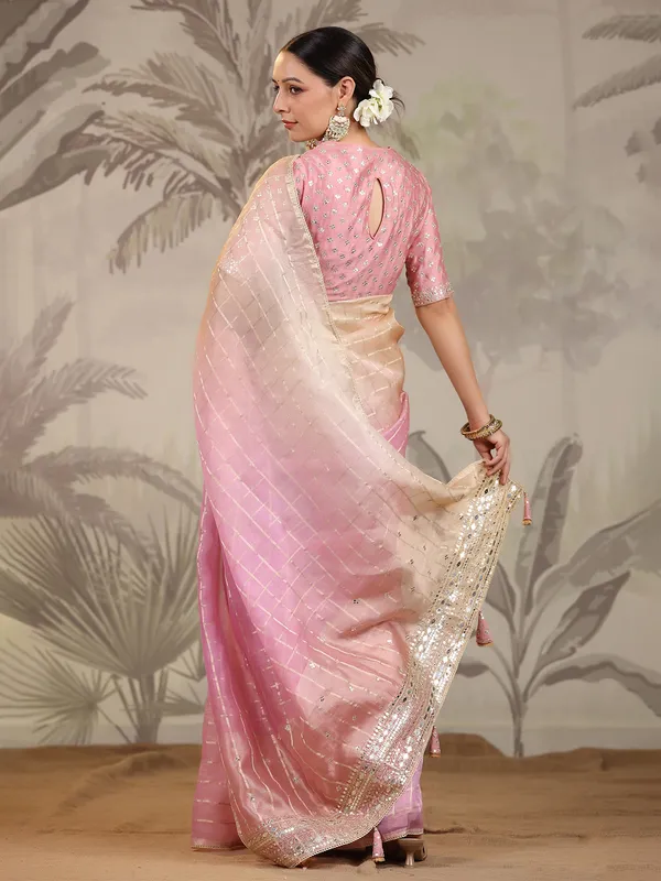 Pink and cream organza saree