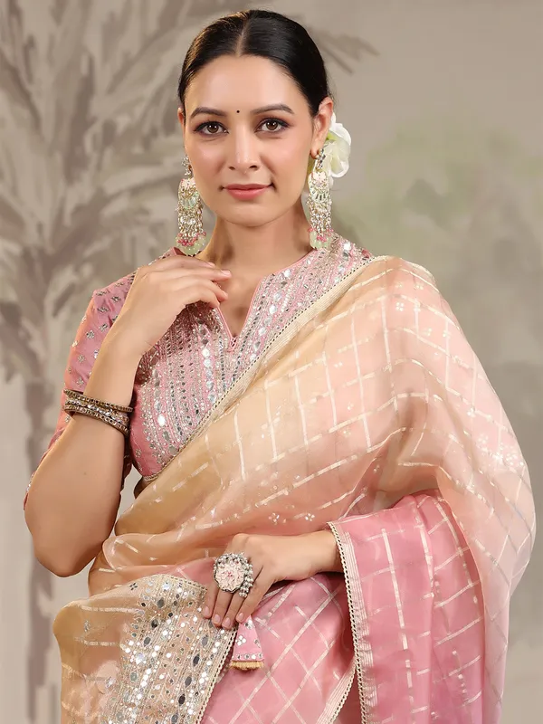 Pink and cream organza saree