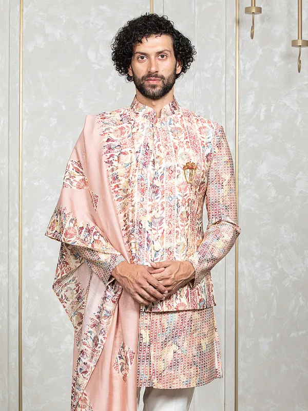 Pink and cream printed waistcoat set