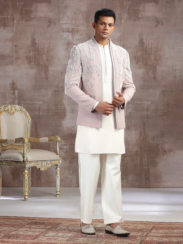 Pink and cream terry rayon indo western with pearls