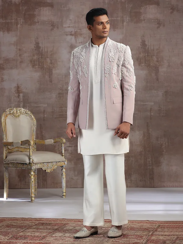 Pink and cream terry rayon indo western with pearls