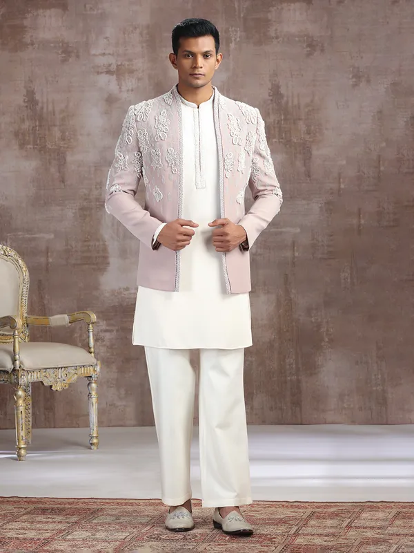 Pink and cream terry rayon indo western with pearls