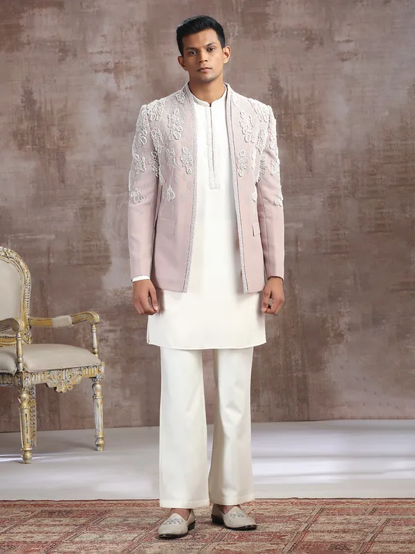 Pink and cream terry rayon indo western with pearls