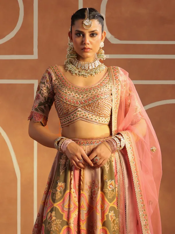 Pink and green printed crepe silk lehenga choli