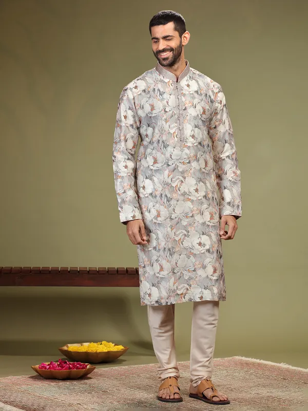 Pink and grey floral printed kurta suit