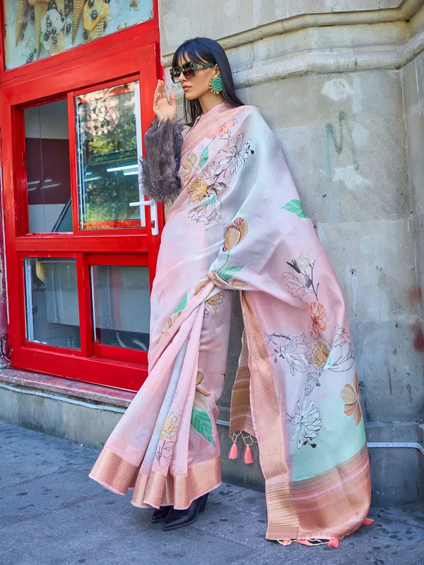 Pink and grey printed saree