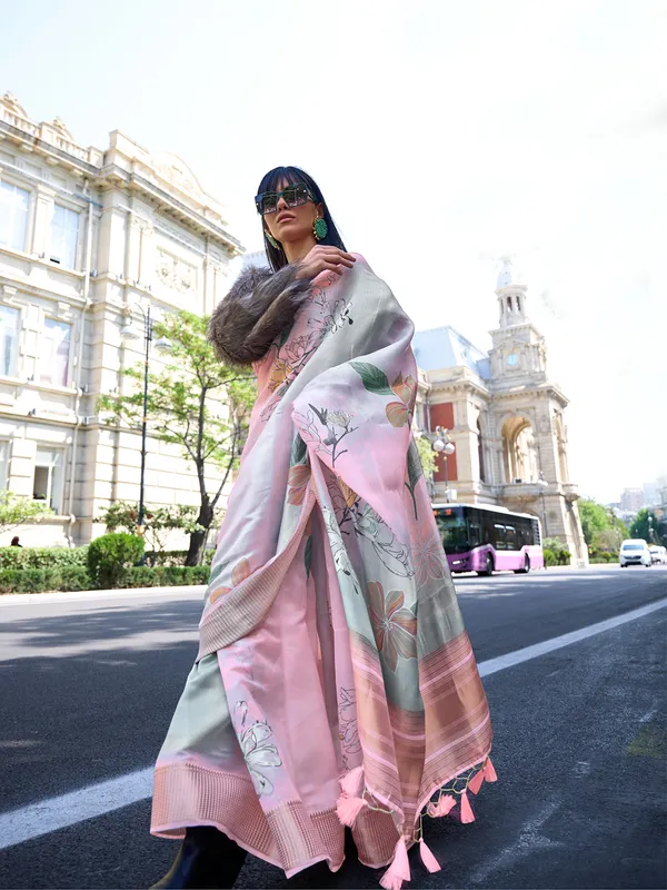 Pink and grey printed saree