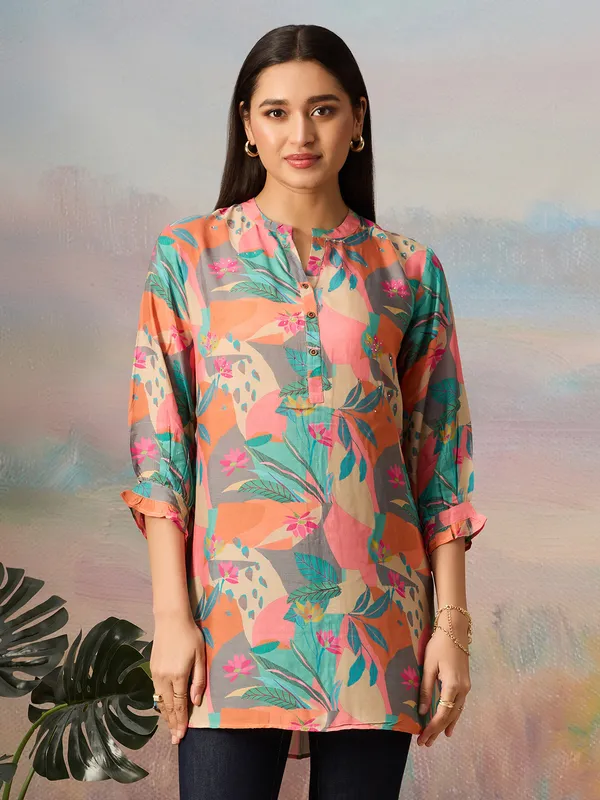 Pink and grey printed tunic top
