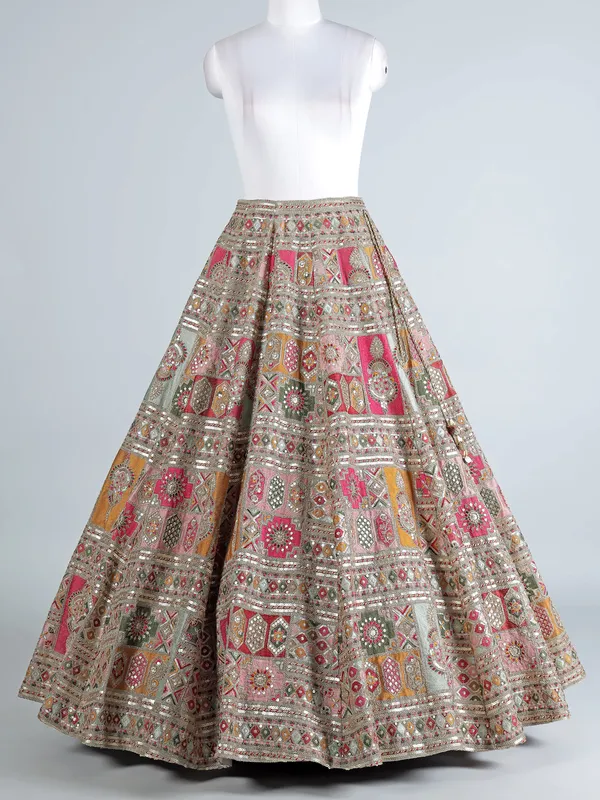 Pink and grey silk lehenga choli with embellishments