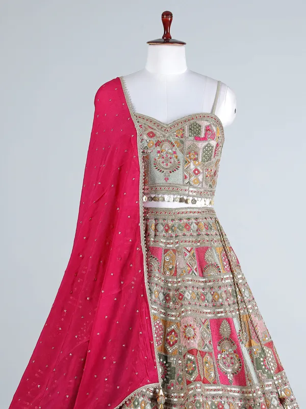 Pink and grey silk lehenga choli with embellishments