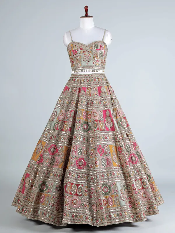 Pink and grey silk lehenga choli with embellishments