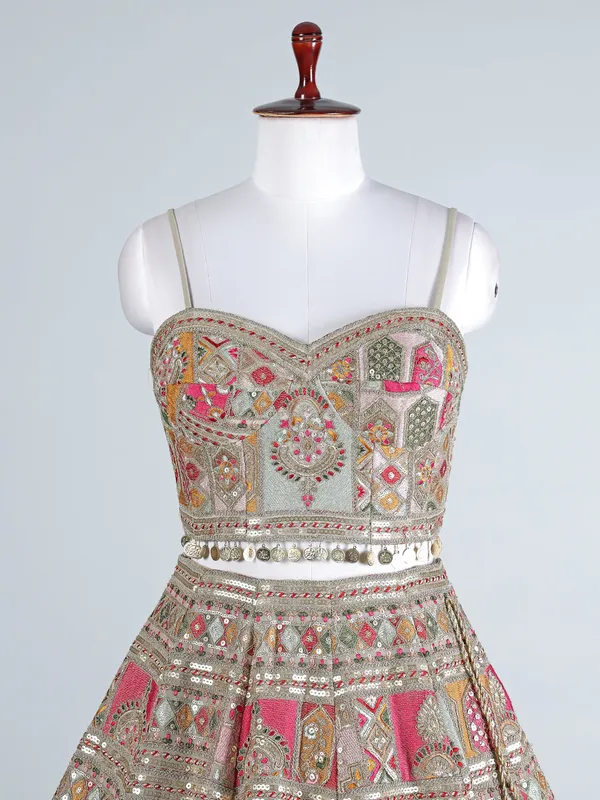 Pink and grey silk lehenga choli with embellishments
