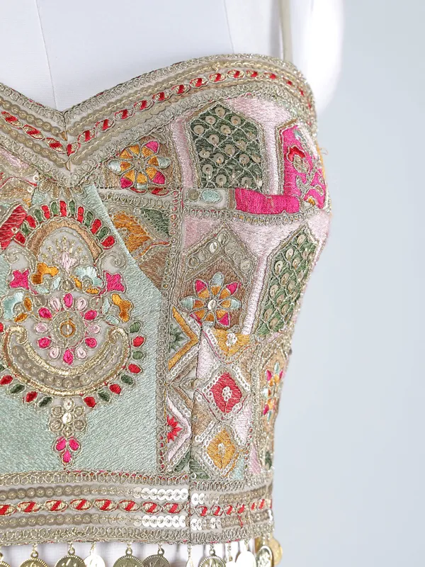 Pink and grey silk lehenga choli with embellishments