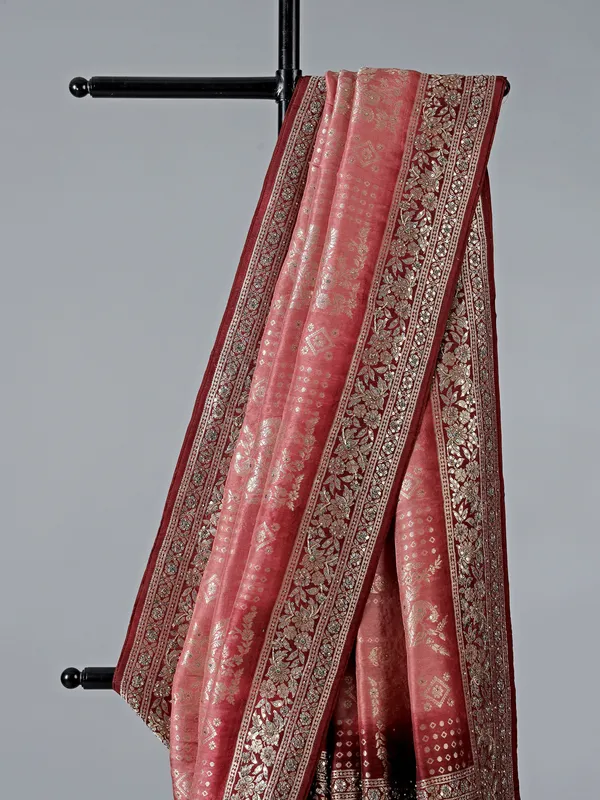Pink and maroon dola silk wedding saree