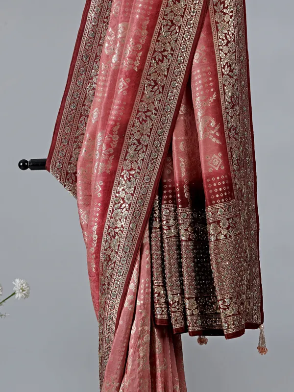 Pink and maroon dola silk wedding saree