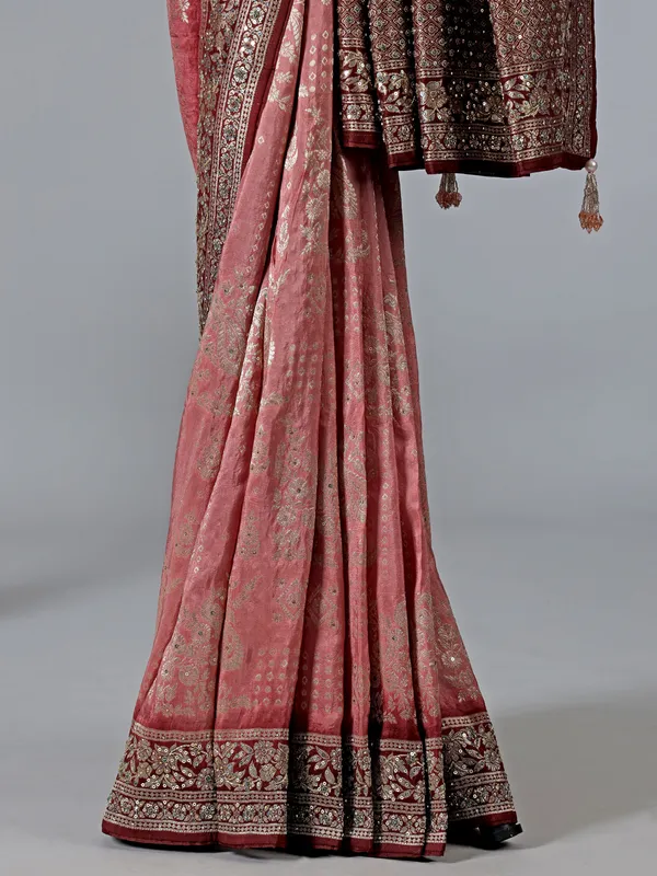 Pink and maroon dola silk wedding saree