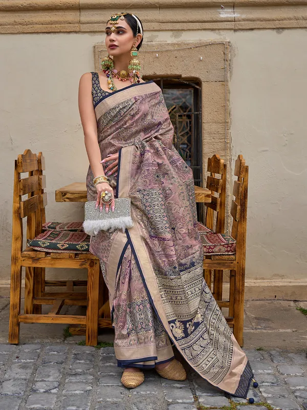 Pink and navy printed silk saree