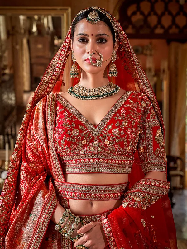 Pink and orange silk lehenga choli for bride