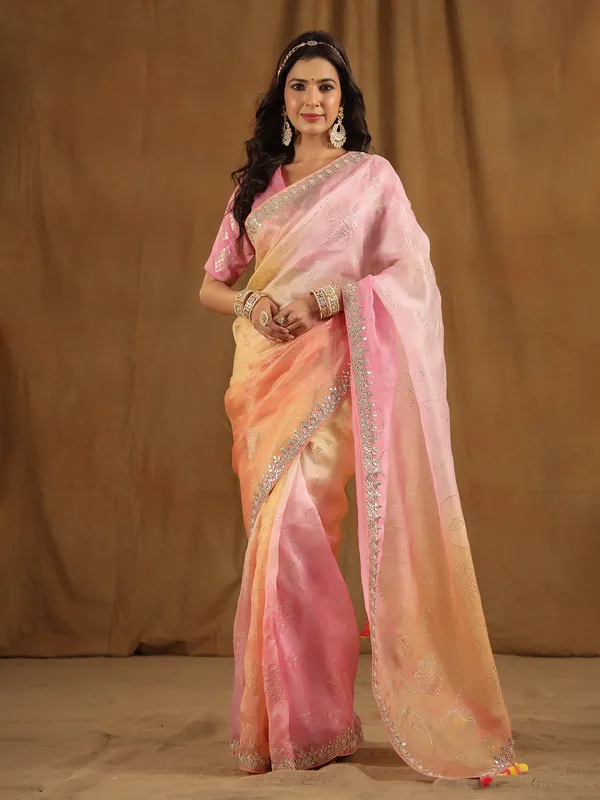 Pink and peach shaded organza saree