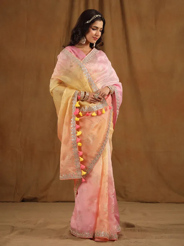 Pink and peach shaded organza saree