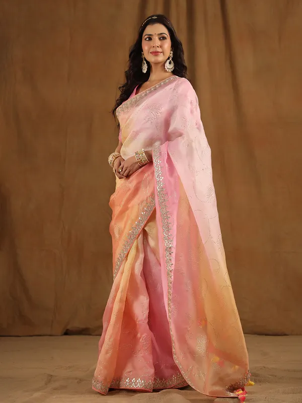 Pink and peach shaded organza saree