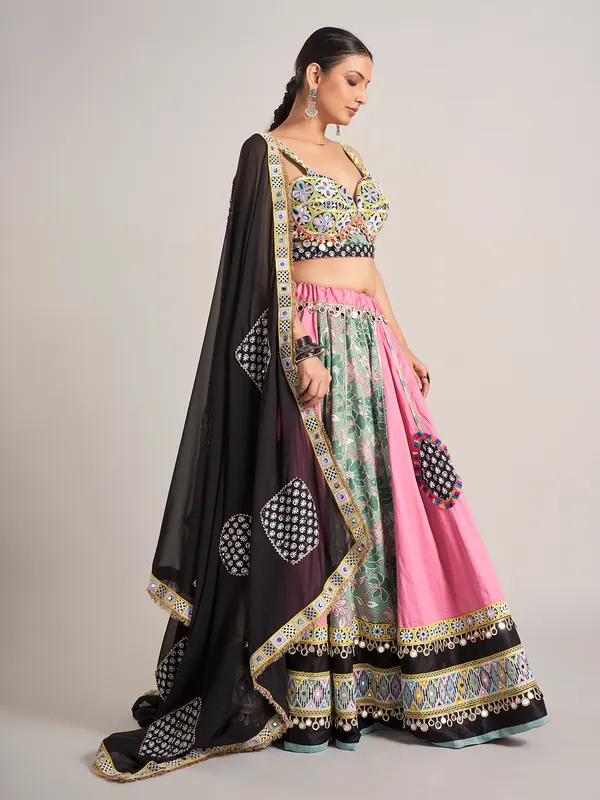 Pink and pista green silk navratri chaniya choli