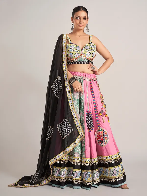 Pink and pista green silk navratri chaniya choli