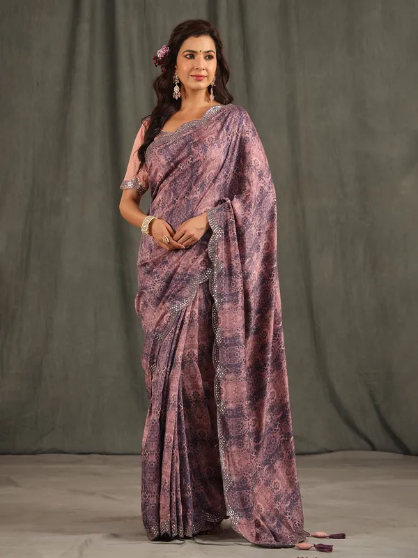 Pink and purple muslin silk printed saree