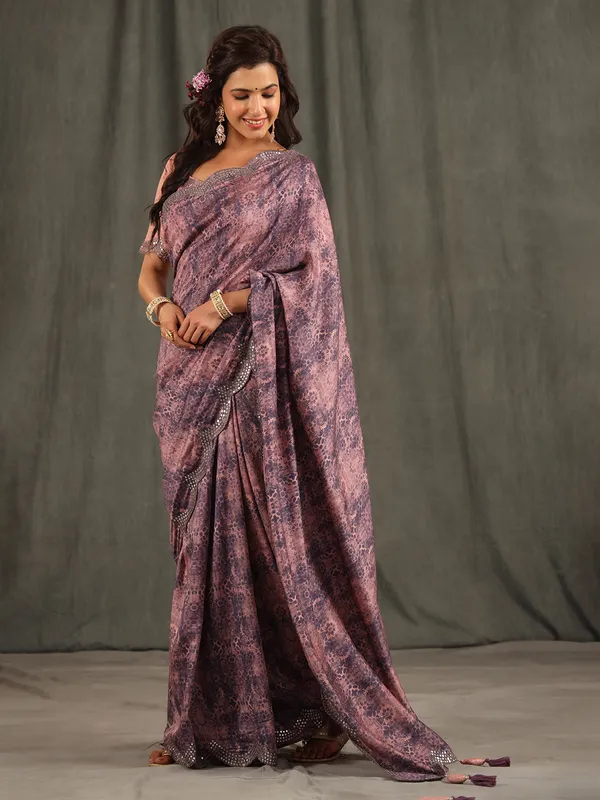 Pink and purple muslin silk printed saree