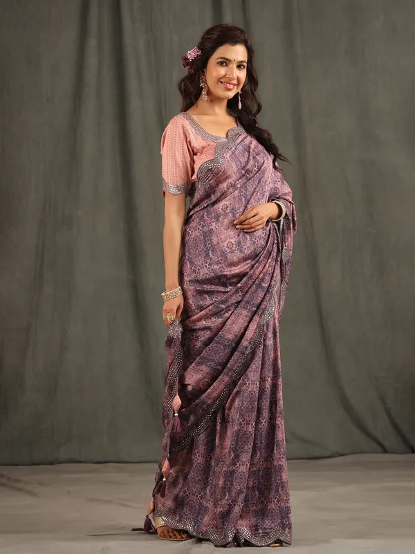 Pink and purple muslin silk printed saree