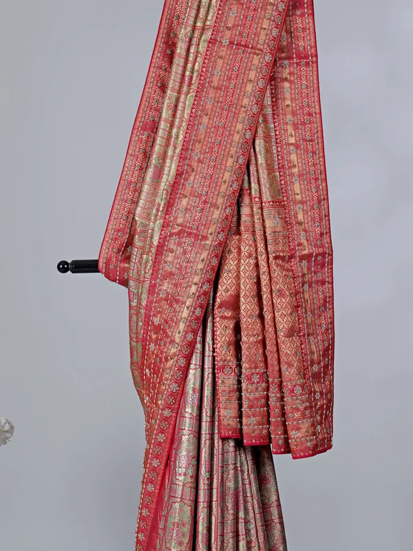 Pink and red kanjivaram silk wedding saree