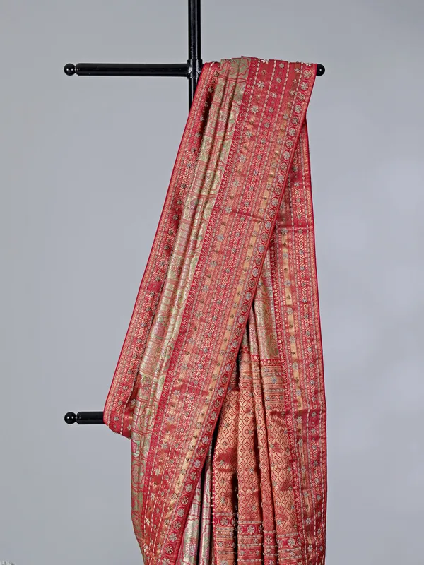Pink and red kanjivaram silk wedding saree