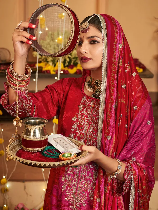 Pink and red silk salwar suit with resham work